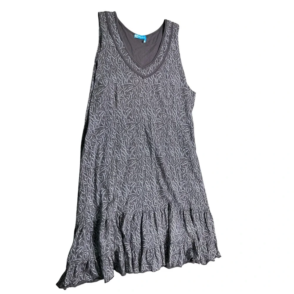 Fresh Produce 2X Gray Leaf Print Sleeveless Midi Dress Ruffle Hem‎